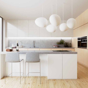 کابینت سفید و قهوه ای روشن ام دی اف در آشپزخانه مدرن بزرگ با جزیره سفید