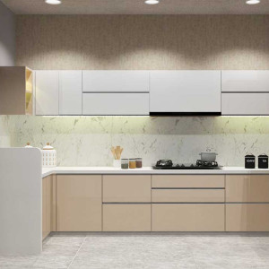 کابینت سفید و قهوه ای روشن ام دی اف در آشپزخانه مدرن با بین کابینتی طرح سنگ