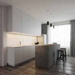 کابینت سفید طوسی مات در آشپزخانه مدرن جزیره دار