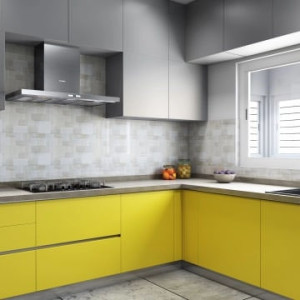 کابینت زرد و طوسی ام دی اف مات در دکوراسیون آشپزخانه مدرن