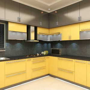 کابینت زرد و طوسی ام دی اف مات در دکوراسیون آشپزخانه مدرن با کابینت پله ای