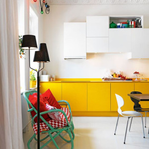 کابینت زرد و سفید ام دی اف مات در دکوراسیون آشپزخانه مدرن خطی