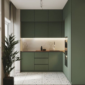 کابینت سبز تیره در آشپزخانه مدرن با بین کابینتی کرم
