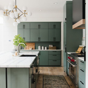 کابینت سبز سیج ام دی اف مات در آشپزخانه مدرن جزیره دار