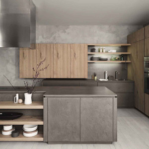 کابینت طوسی قهوه ای رنگ چوب روشن ام دی اف مات در آشپزخانه مدرن جزیره دار