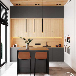 کابینت طوسی قهوه ای رنگ چوب روشن ام دی اف مات در آشپزخانه مدرن جزیره دار با کابینت پله ای