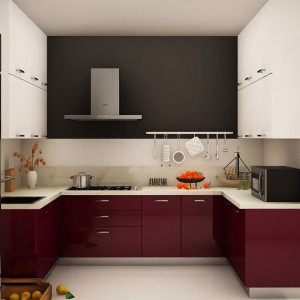 کابینت قرمز و سفید ام دی اف هایگلاس در دکوراسیون آشپزخانه مدرن U شکل