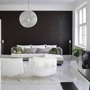 دکوراسیون سفید مشکی هال و پذیرایی بزرگ با دیوار تاکیدی مشکی