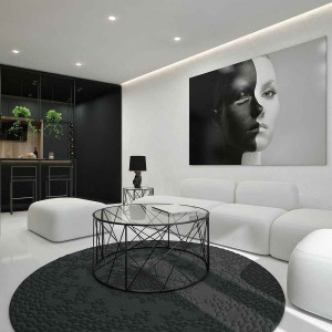 دکوراسیون سفید مشکی هال و پذیرایی مدرن با مبل سفید و فرش مشکی