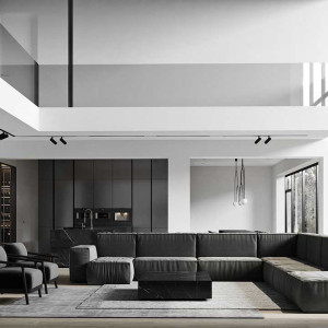 دکوراسیون سفید مشکی خانه مدرن بزرگ با سقف بلند و پنجره های نورگیر