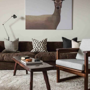 دکوراسیون سفید و قهوه ای هال و پذیرایی مدرن با مبل قهوه ای تیره